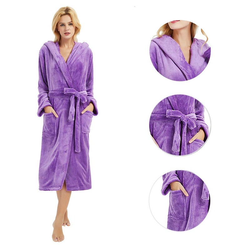 HEARTNICE Womens Hooded Fleece Robe, Soft Plush Bathrobe for Womens, Fluffy Cute Long House Coat (Violet Hooded, S/M) - Image 3